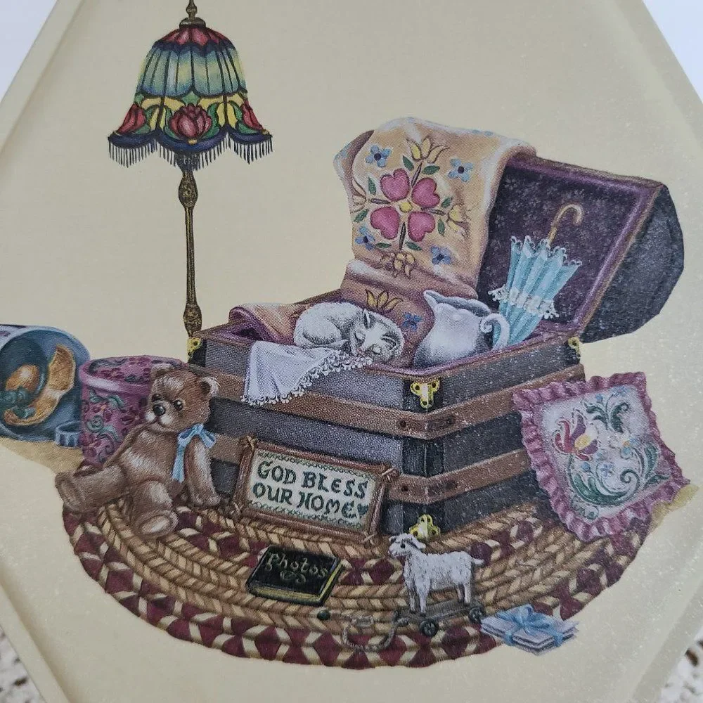 Vintage Tin God Bless Our Home Teddy Bear Cat Trunk Victorian Elements Cute!
